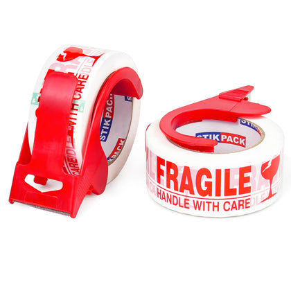 Fragile Tape with Dispenser 2 Inch x 330 Feet (110 Yards) 2 Rolls, Total 220 Yards, Heavy Duty Fragiles Handle with