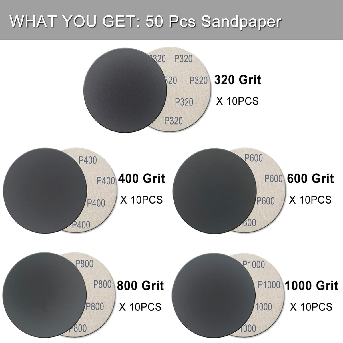 50Pcs 5 Inch Hook and Loop Sanding Discs, Wet Dry Sandpaper Assortment