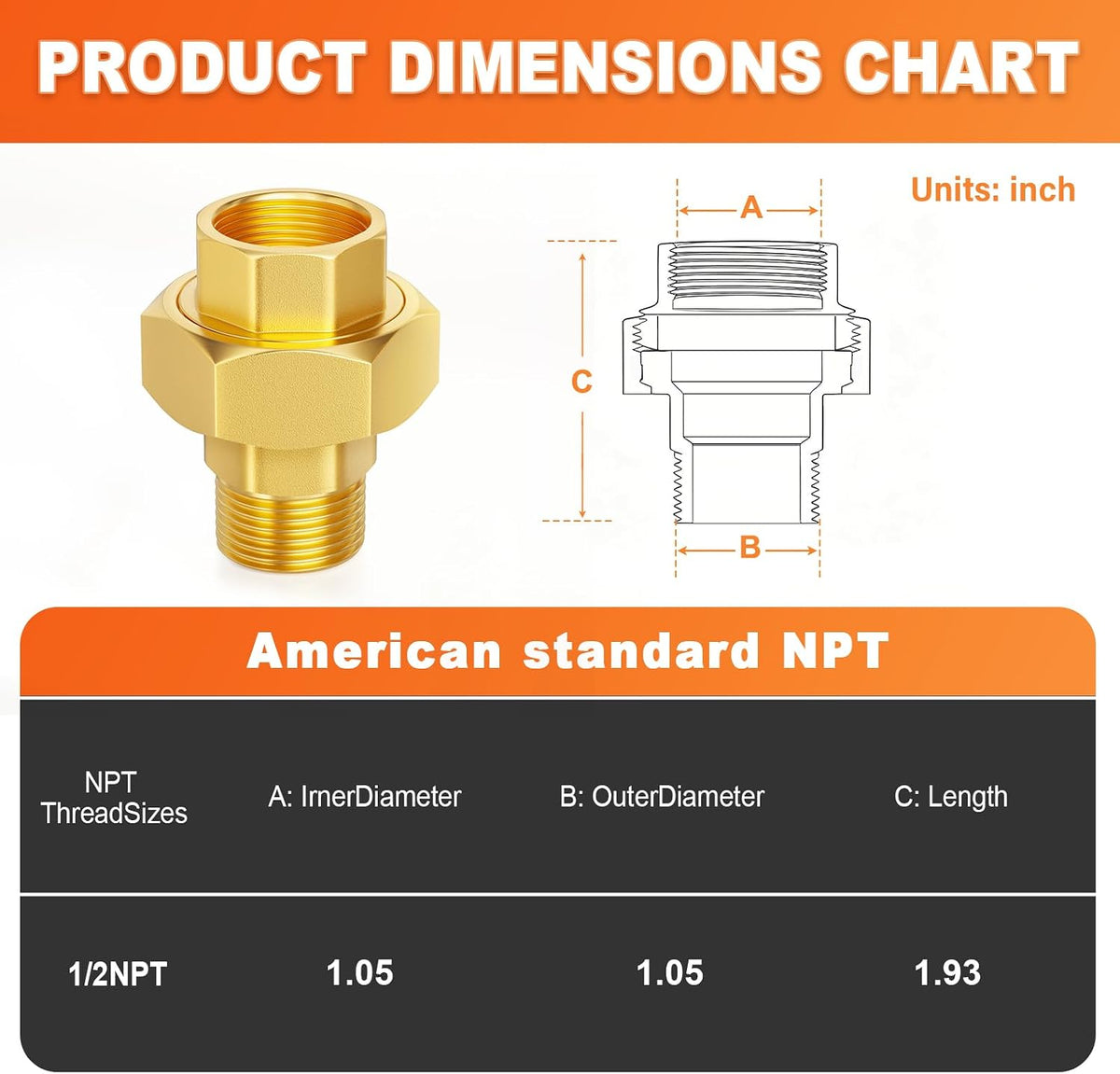 GASHER 1/2" NPT (F x M) Brass Union Pipe Fitting
