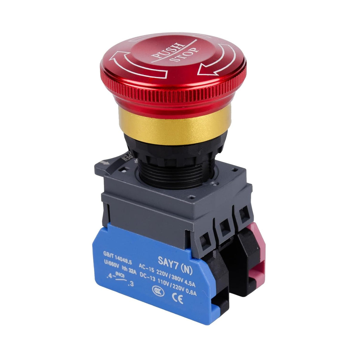 Emergency Stop Button 32A 440V Latching Push Button Switch, 22mm Aluminum Alloy Round E-Stop Button, IP65 Waterproof Self-Locking Shut Off Switch
