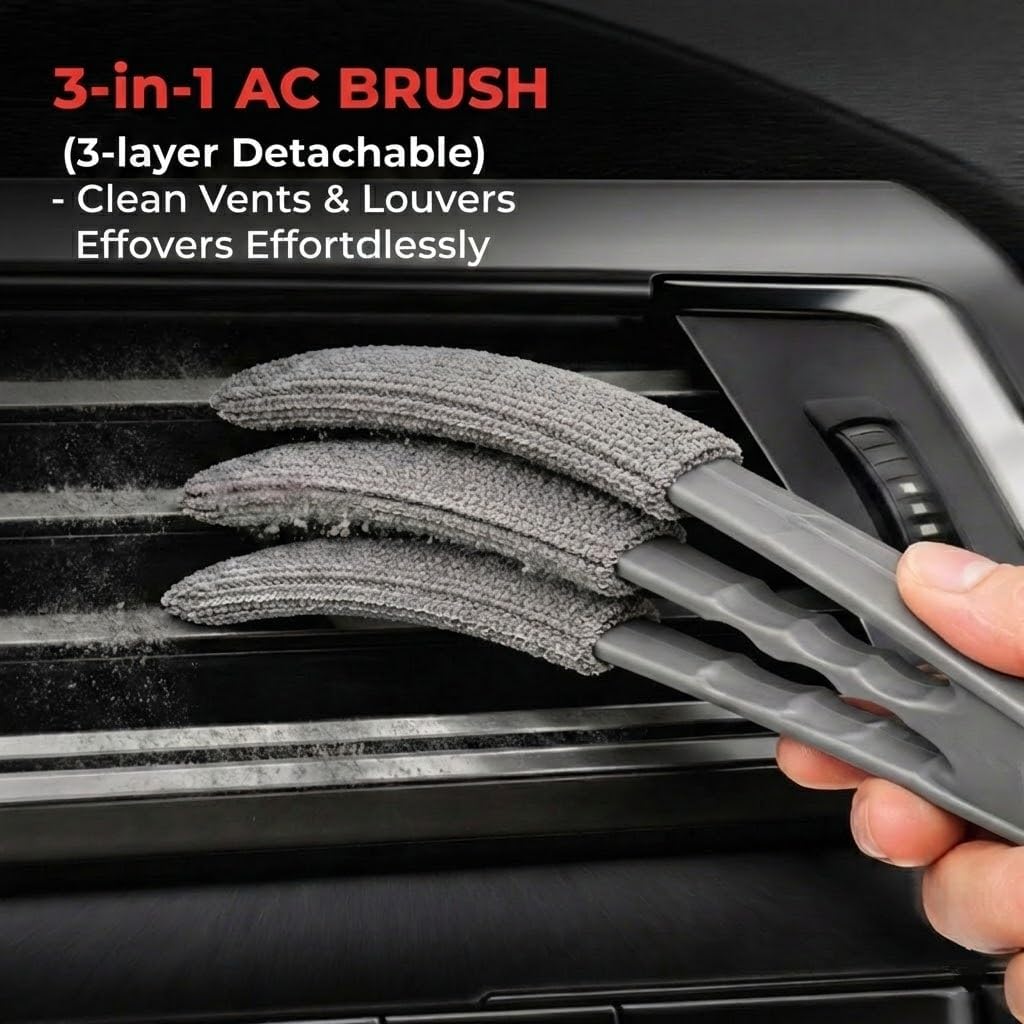 10-Piece Car Interior Cleaning Kit - 3 Natural Boar Hair Brushes, 3-in-1 AC Vent Brush, 160g Non-Toxic Gel