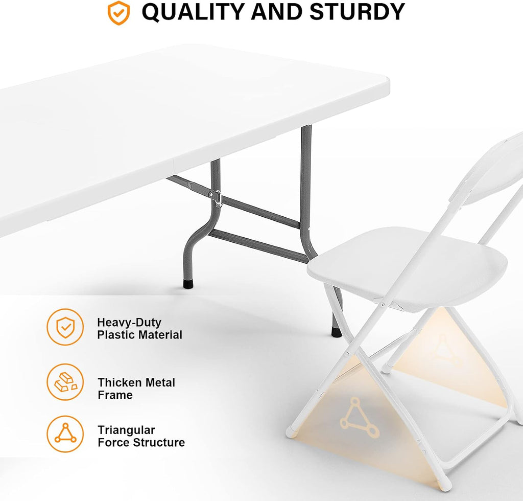 6 FT Plastic Folding Table Set with 8 White Folding Chairs for Picnic, Event, Training, Outdoor Activities, at Home