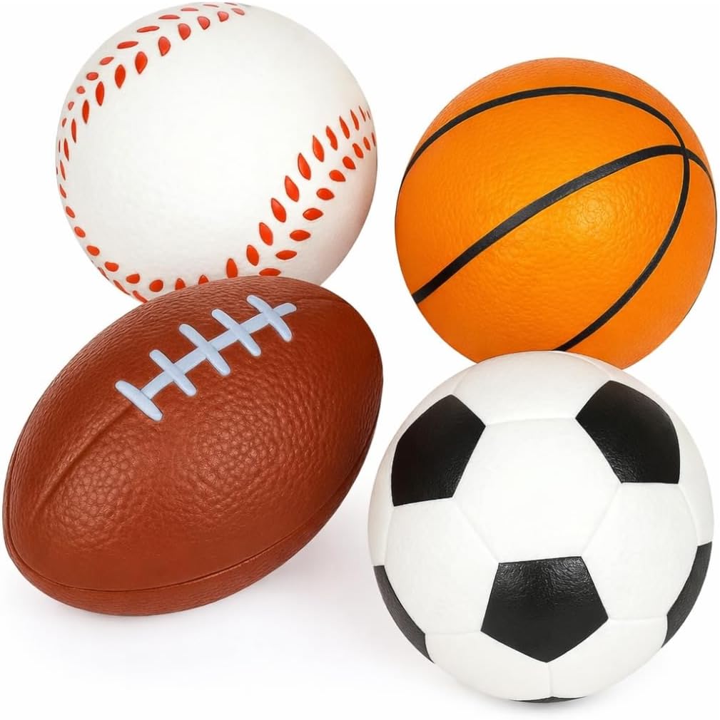 Sports Stress Foam Balls for Kids 2.5" - Set of 4 - Includes Basketball, Football, Baseball, and Soccer Squeezable