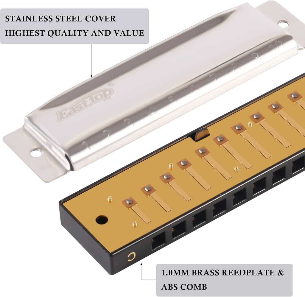 Harmonica for Beginners Key of C, 10 Holes 20 Tones, Stainless Steel Harp Diatonic Blues Harmonica for Adults