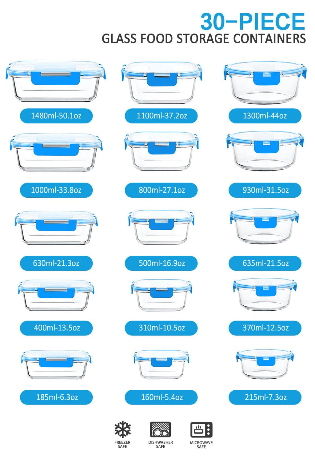 30 Piece Extra Large Glass Food Storage Containers with Lids, Blue