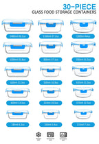 30 Piece Extra Large Glass Food Storage Containers with Lids, Blue