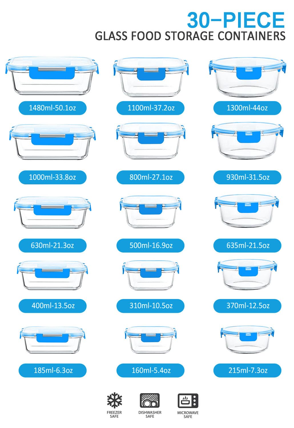 30 Piece Extra Large Glass Food Storage Containers with Lids, Blue
