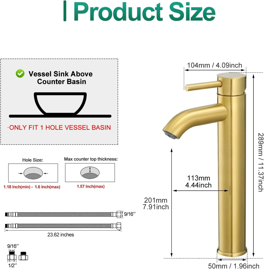 Vessel Sink Faucet Brushed Gold Tall Bathroom Faucets Single Handle One Hole Rv Vanity Lavatory Bathroom Sink Faucet