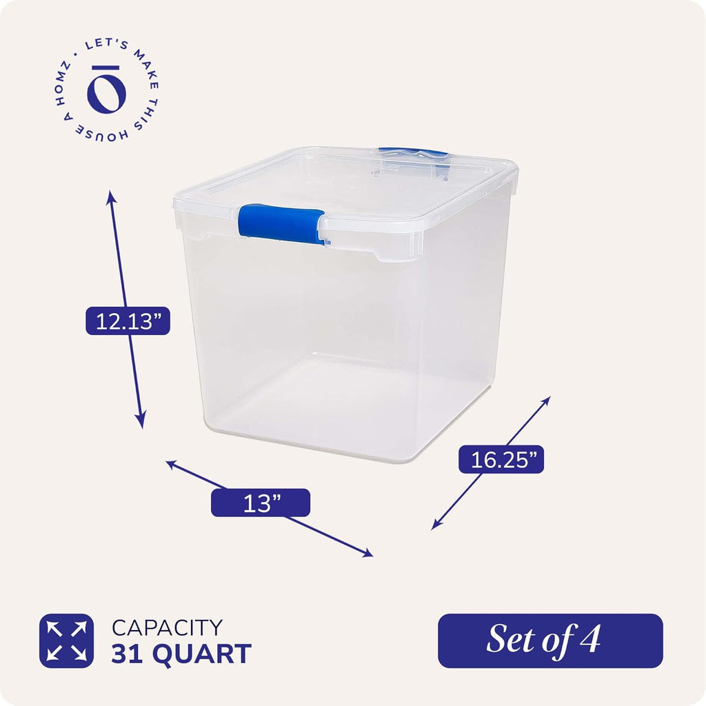 4-Pack 31 Quart Latching Lid, Clear Plastic Storage Organizer Bins, Blue – Stackable Containers for Home & Office