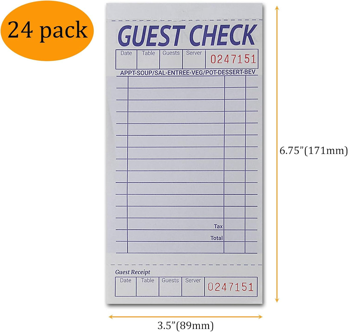 24 Books Guest Checks Server Note Pads, 2-Part Carbonless