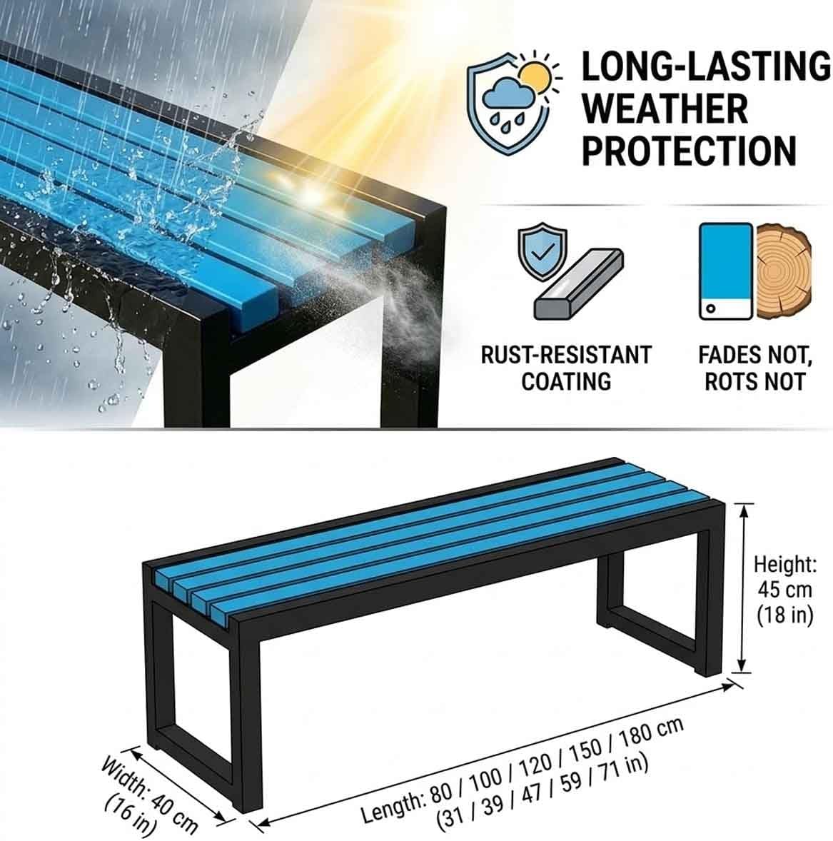 Outside Park Bench Garden Chair 31" 39" 47" 59" 71" Patio Benches for Outdoors, Metal Garden Bench 2-4 Person Wood
