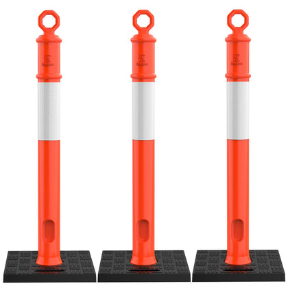45 Inch Traffic Delineator Post Cones with Base, Orange, 3 Pack | 10 LB Traffic Post, Reflective Collars