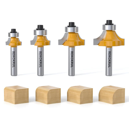 4-Piece Roundover Router Bit Set - 1/4" Shank Carbide Inserts | Rounding Edges Bits: 1/8", 3/16", 1/4", 5/16" Radius