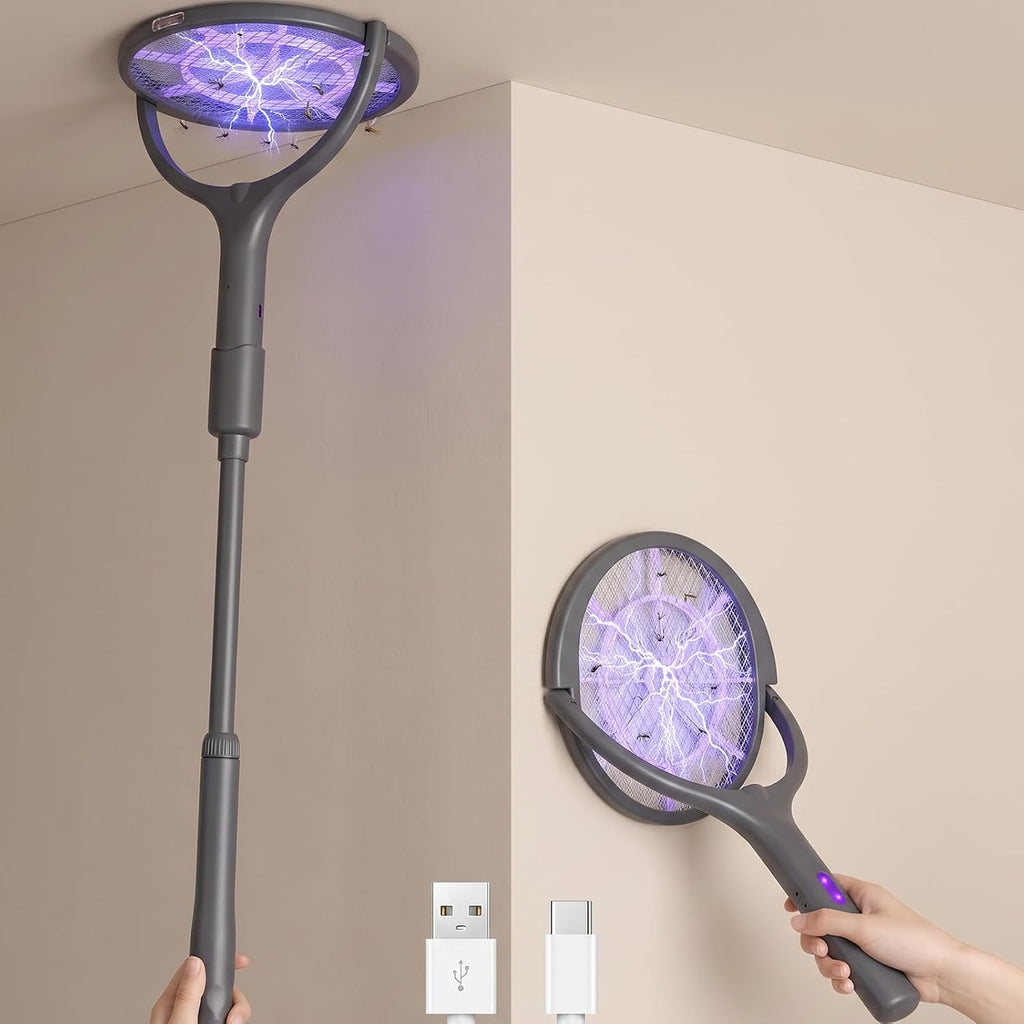 Rotating Head Electric Fly Swatter Rechargeable, 360° Swivel Mosquito Zapper Racket with Telescopic Extension Handle