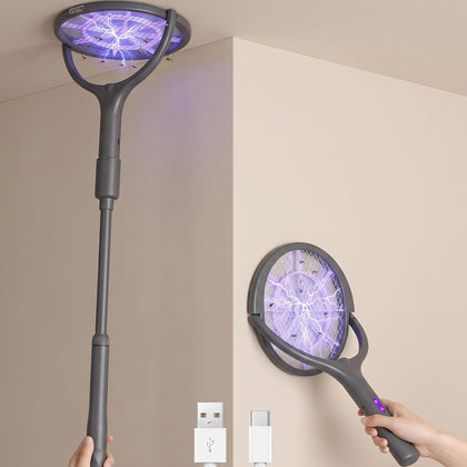Rotating Head Electric Fly Swatter Rechargeable, 360° Swivel Mosquito Zapper Racket with Telescopic Extension Handle