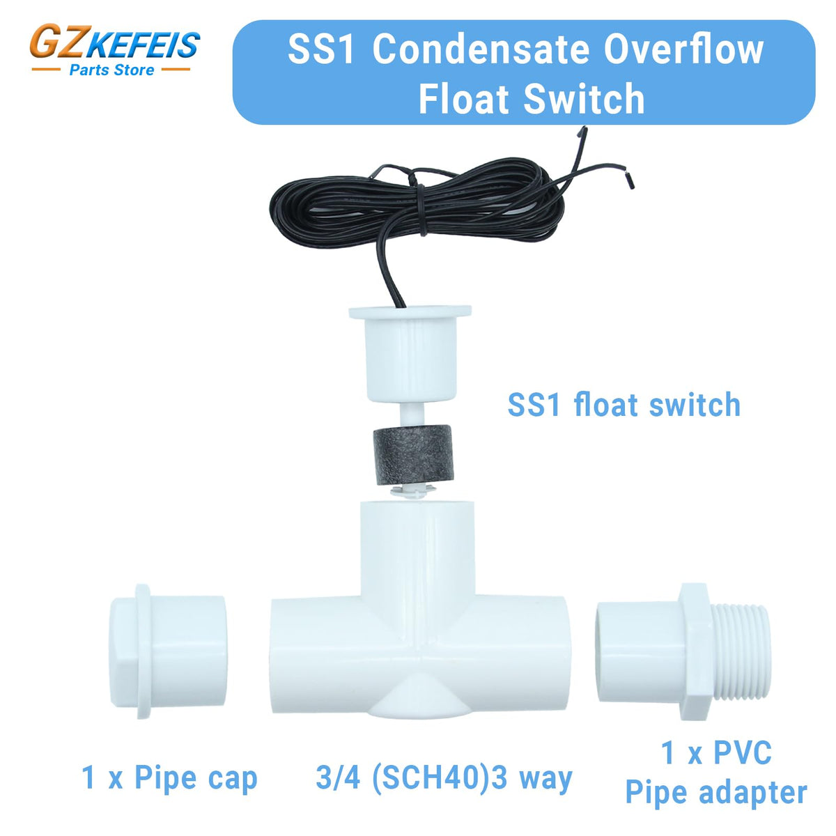 SS1 Condensate Overflow Switch, SS1 Float Switch with 3/4 Inch Adaptor and 6FT Wire, HVAC Overflow Shut Off Float Switch for HVAC System, Detect Condensate Overflow