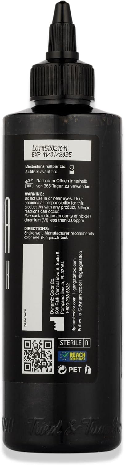 Dynamic Color Ganga Black Tattoo Ink, Made in Spain, Reach Compliant, 8 oz