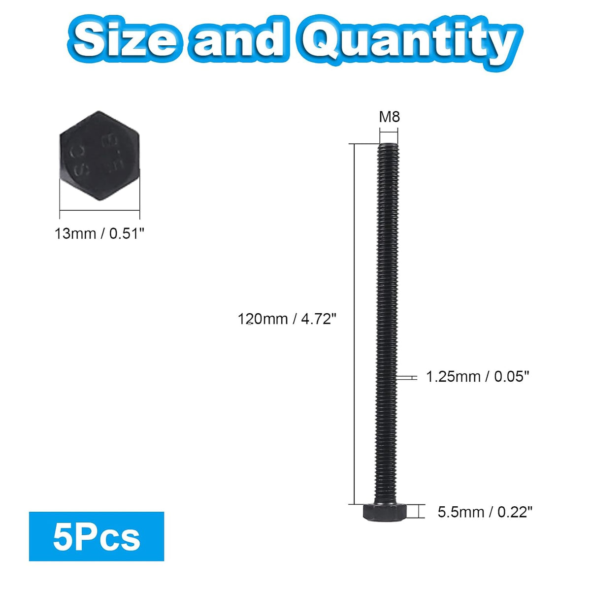 M8 Hex Bolts, M8-1.25 x 120mm Hex Head Bolts