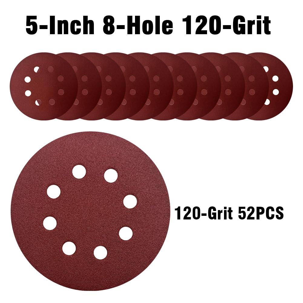 52 Pack 5 Inch 8-Hole Hook and Loop Sanding Discs Sandpaper Red Round 120 Grit Sandpaper for Random Orbital Sander