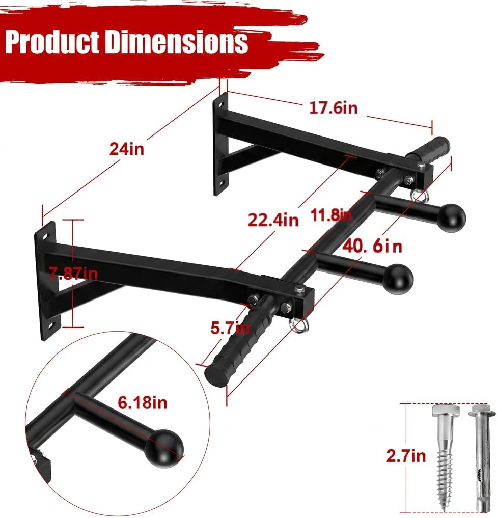 Upgrade Wall Mount Pull Up Bar, Heavy Duty Steel PullUp Bar Fits 24'' Wood Studs, Multi Grip Pull Up Bar with Ball