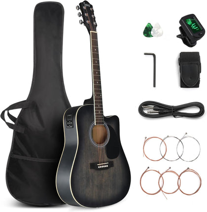 Full Size 6 Strings Acoustic Electric Guitar Beginner Kit, Cutaway 41 Inch Electric Acoustic Guitar w/Inbuilt Tuner