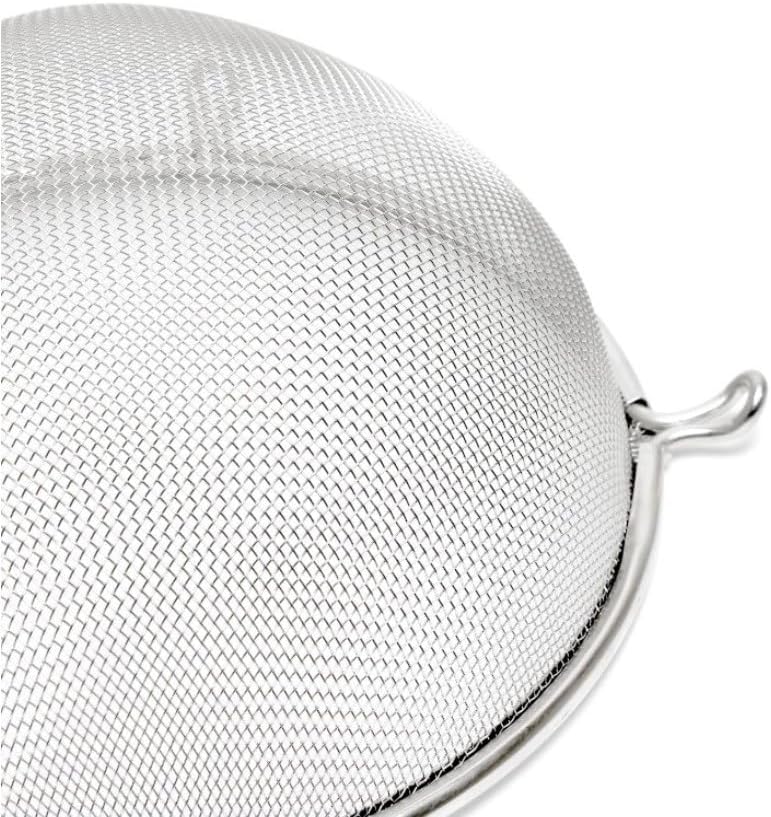 Soro Essentials- 8" Stainless Steel Single Coarse Mesh Strainer with Wooden Handle Pan Hook- Single Tinned Coarse Kitchen Food Strainer for Sift Drain Straining Liquids Stocks Sauces Soups Pasta