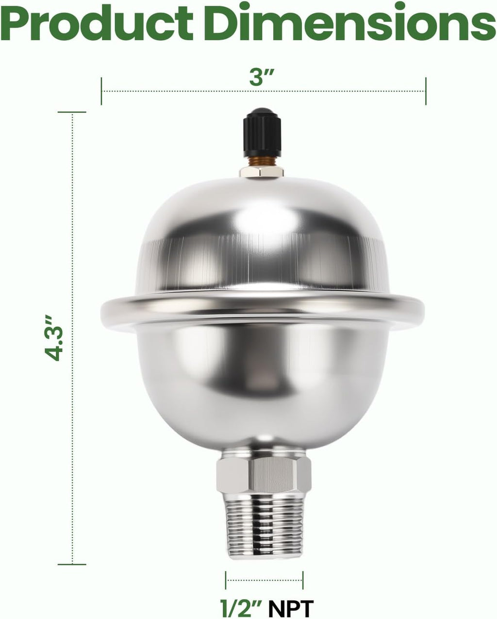 Mini Thermal Expansion Tank with 1/2" MIP Threaded Connection, Stainless Steel Hammer Arrestor for 2 Gallon