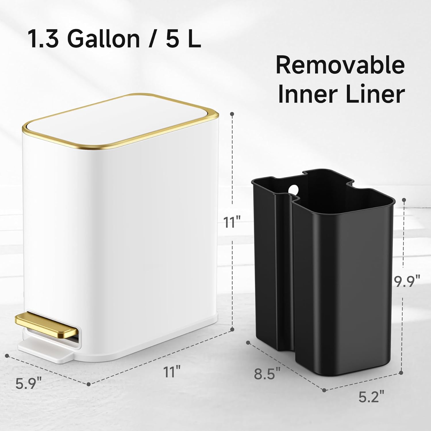 Small Bathroom Trash Can with Lid Soft Close, Step Pedal, 5 Liter / 1.3 Gallon Stainless Steel Trash Bin, Slim