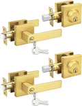Brushed Gold Keyed Alike Front/Exterior Door Lever with Single Cylinder Deadbolt, Satin Brass Entry Door Knob Lock