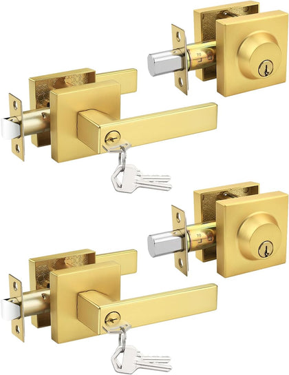 2 Pack Gold Keyed Alike Front/Exterior Door Lever with Single Cylinder Deadbolt, Satin Brass Entry Door Knob Lock