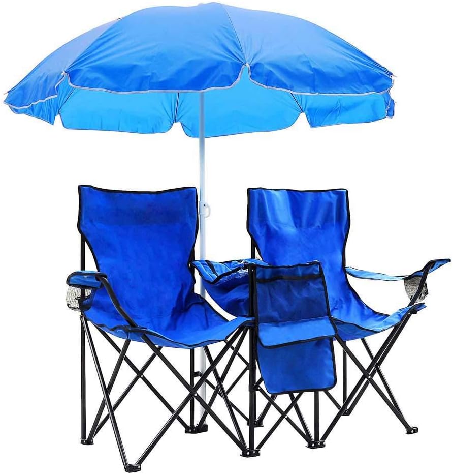 Double Folding Chair w Umbrella Table Cooler Fold Up Picnic Camping Beach Garden