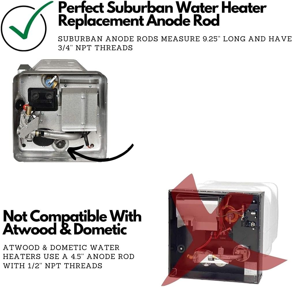 RV Anode Rod Magnesium Water Heater Tank Protection for Your Investment- 9.25’’ long ¾’’ threads Suburban Mor-Flo 6 Gallon.