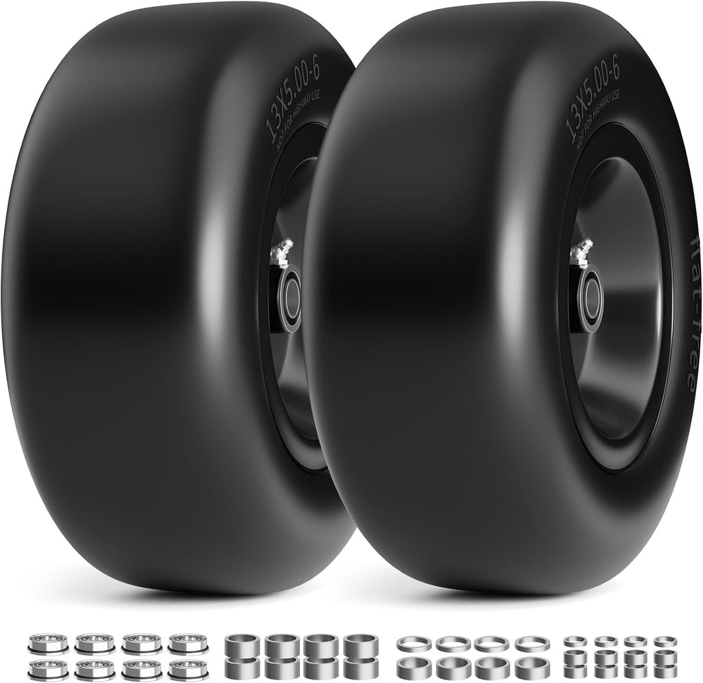 13x5.00-6 Flat Free Lawn Mower Tires and Wheel, for Zero Turn Mower | Universal 3/4", 5/8", 1/2" Bearings, 500 lbs