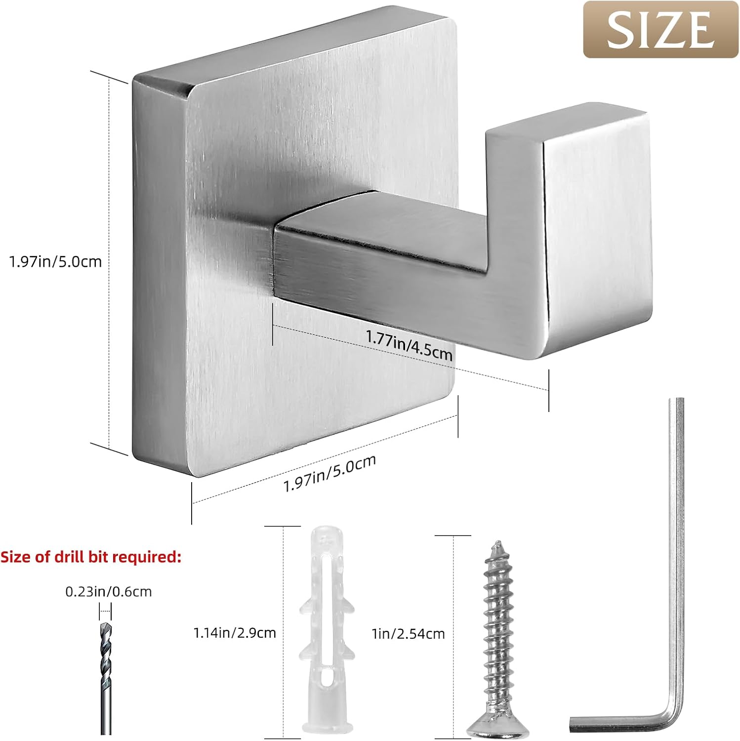 Heavy Duty Stainless Steel Towel Hooks, Wall Mounted Square Robe Hooks for Bathroom, Kitchen, Bedroom, Hotel Brushed