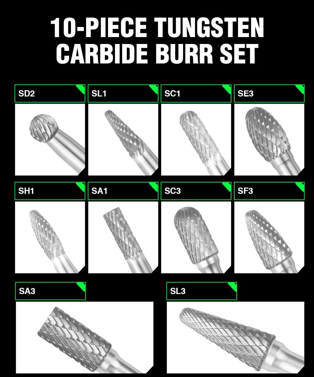 Carbide Burr Bits 10-Pc Double Cut 1/4" (6.35mm) Die Grinder Set