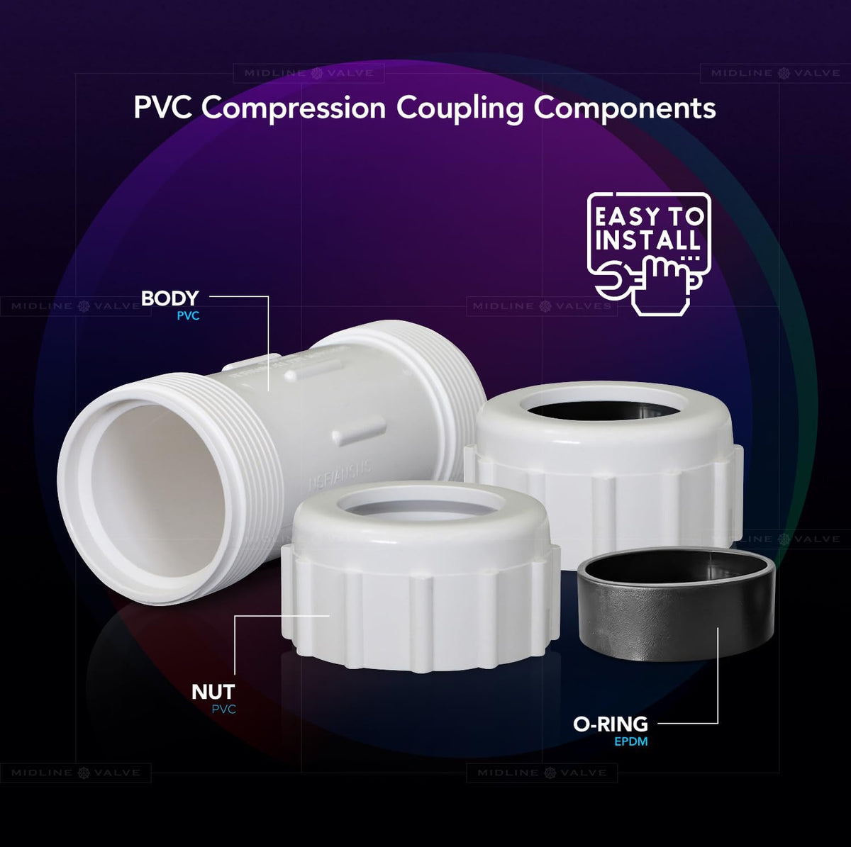 Midline Valve 582DD114 PVC Compression Coupling Pipe Fitting; 1-1/4 in.; White Plastic