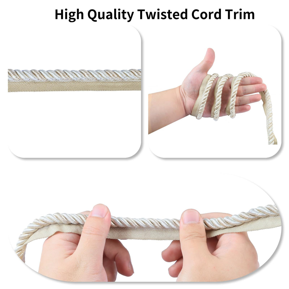 12 Yard 3/8" Nylon Twisted Lip Cord Trim,Mix Beige