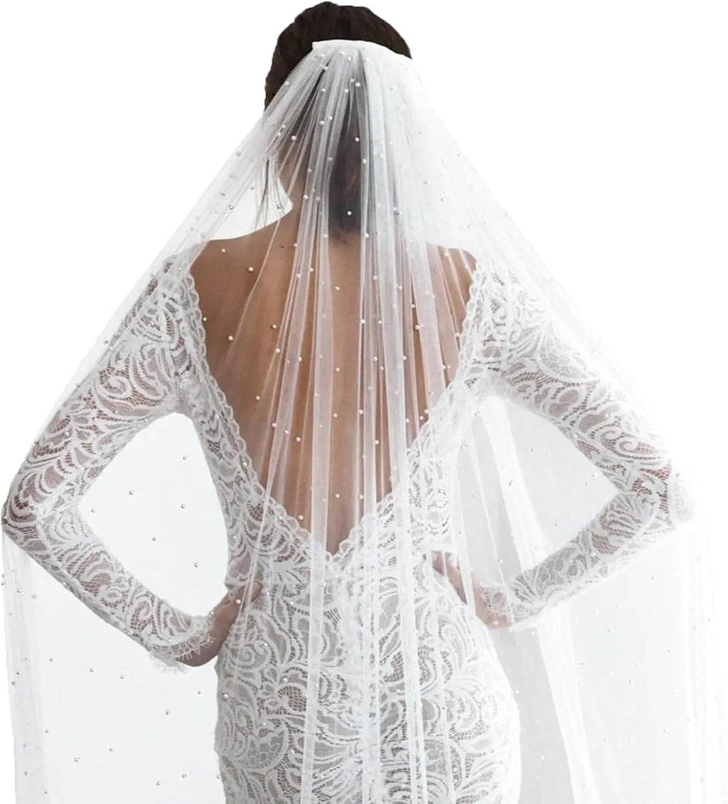 White Pearl Bride Veil Long Bridal Pearl Veils with Hair Comb Wedding Accessories for Women Girls White 1 Tier Long