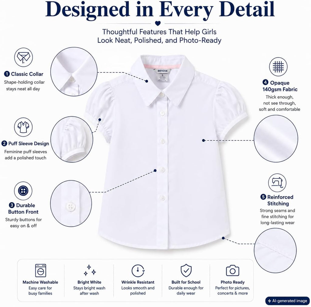 White Wrinkle-Free Girls Blouse: School Uniform Cotton Shirt | Ages 6-13