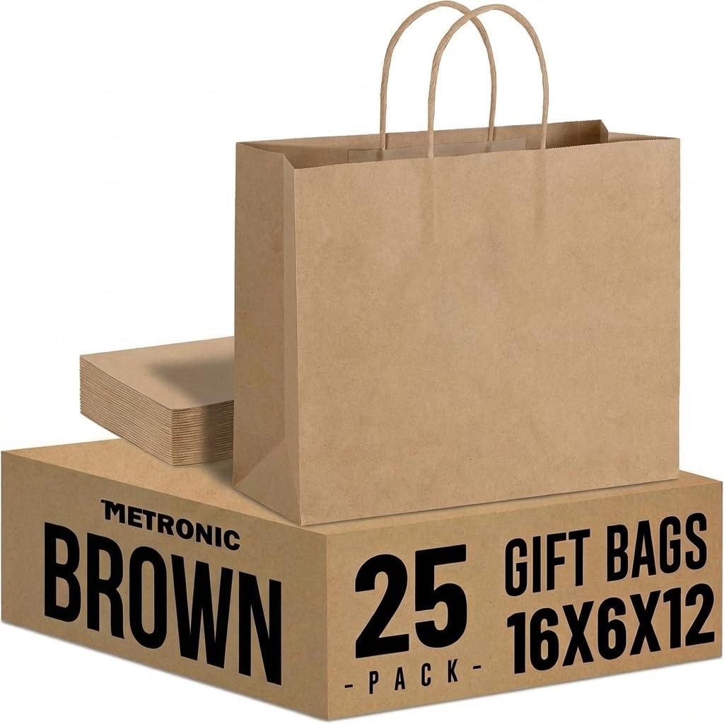 Large Brown Paper Bags With Handles 16x6x12 Inch 25 Pack
