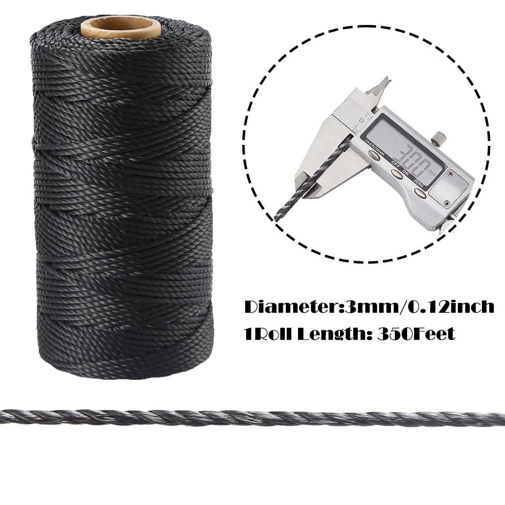 Black Nylon Twine 3mm 350ft UV Resistant Low Stretch Garden Camping Twisted