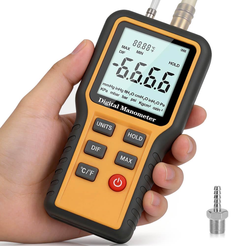 Manometer, Dual-Port Digital Manometer HVAC, Gas Pressure Tester