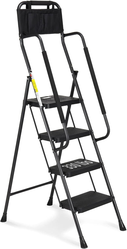 4 Step Ladder with Handrails, 330 lbs Folding Step Stool with Attachable Tool Bag & Anti-Slip Wide Pedal for Home