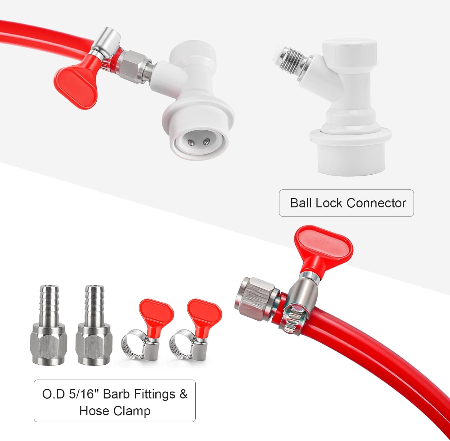 5 FT CO2 Line Ball Lock Keg Fitting Kit, 5/16" OD PVC Brewing Line | Quick Disconnect & Hose Clamp, Barb for Homebrew