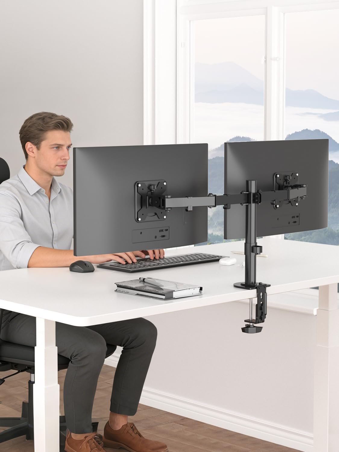 Dual Monitor Desk Mount, Adjustable Dual Monitor Arm for 2 Computer Screens up to 32 inch, Dual Gas Spring Monitor