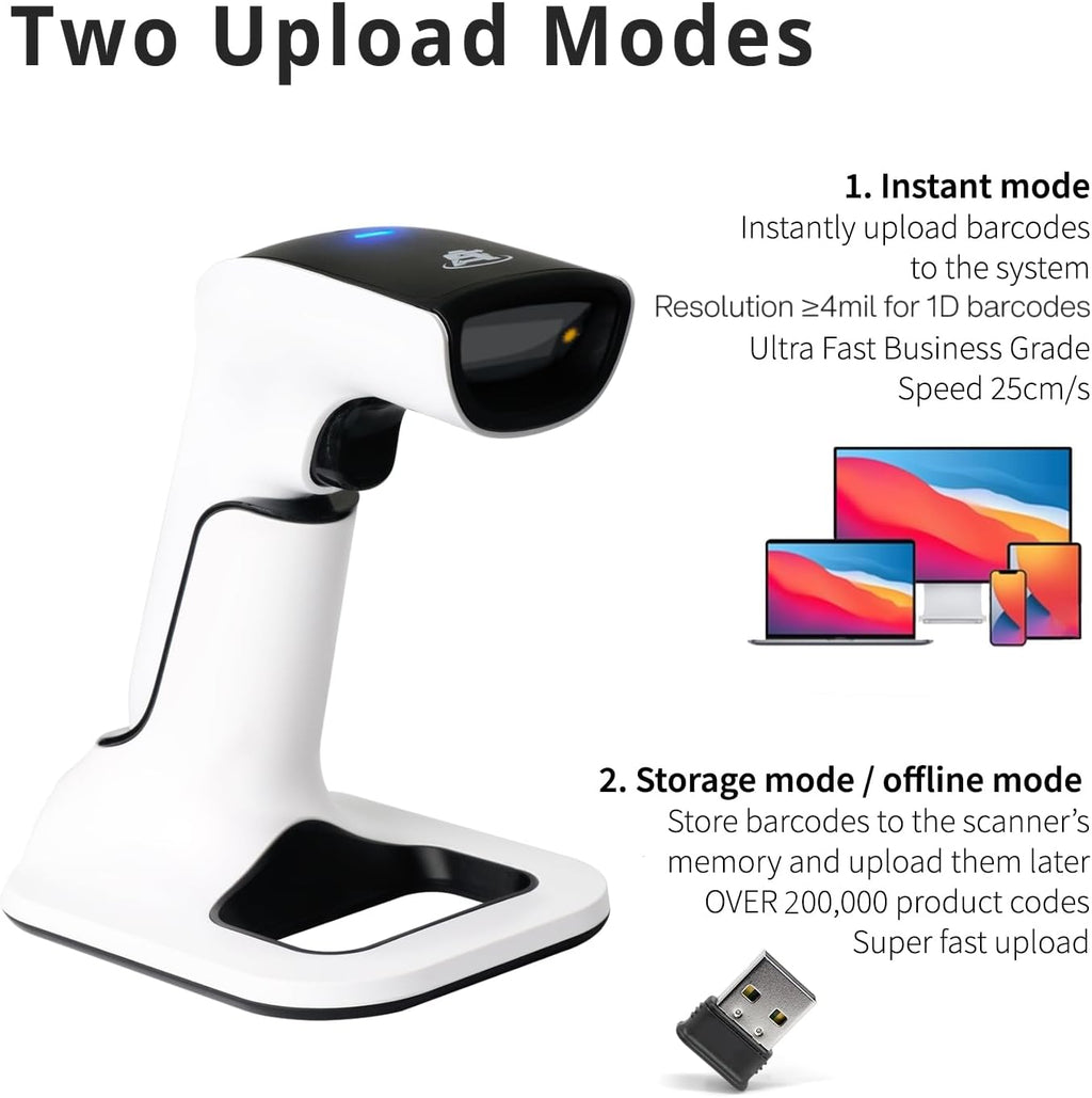 Wireless Portable 1D&2D with Stand Bluetooth Barcode Scanner: 3-in-1 Handheld Scanner, Rechargeable Battery for