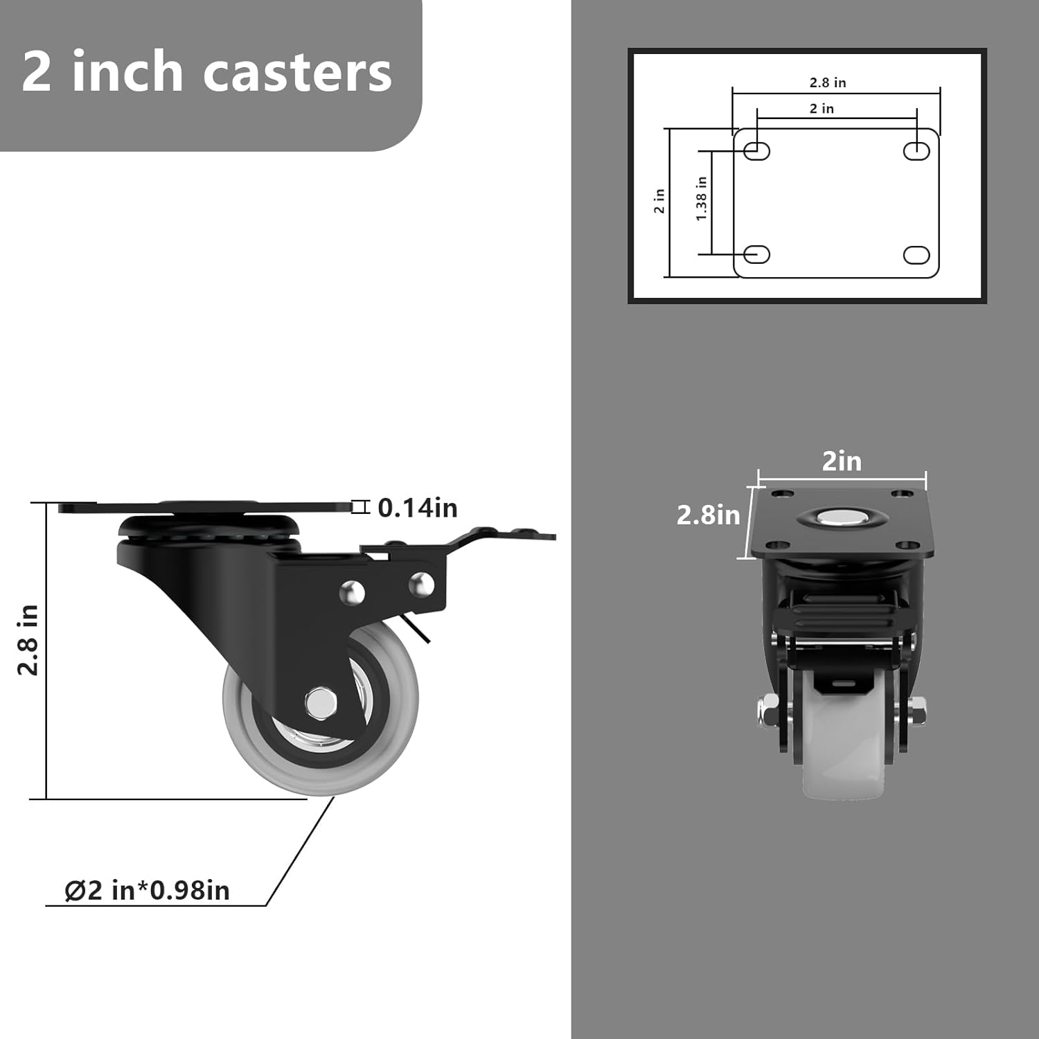 2 Inch Wheel Casters,Set of 4 Heavy-Duty Industrial Caster Wheels with Brake PU No Noise Wheels with Double Locking
