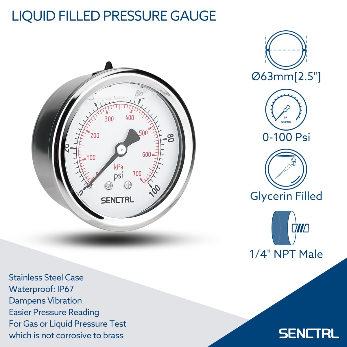 SENCTRL 0-100 Psi Liquid Filled Low Pressure Gauge, 1/4" NPT Back Mount
