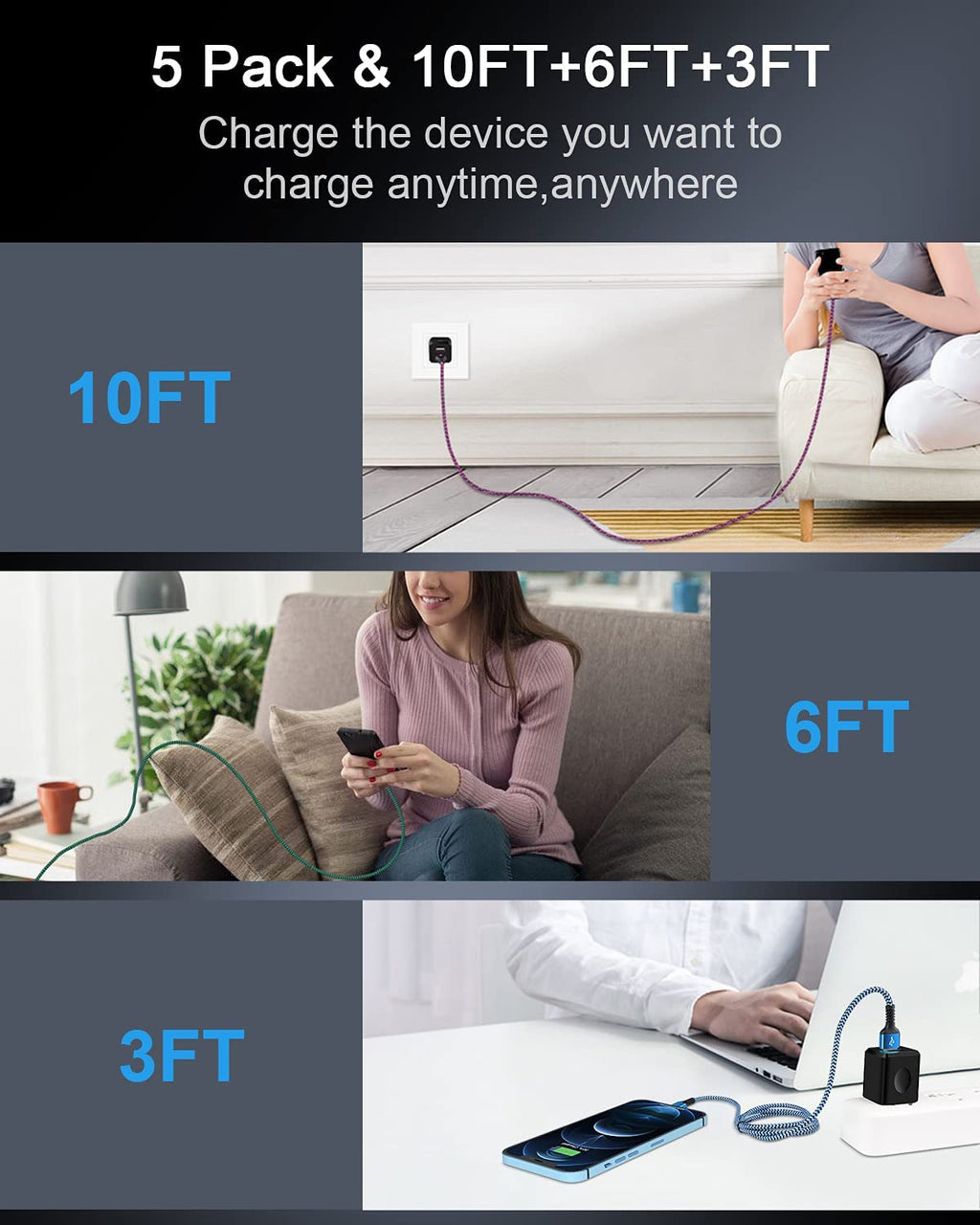 USB A to Lightning Cable-2Pack/6Ft Nylon Braided Long iPhone Charger Cord, Apple Approved Fast Charging Power Wire