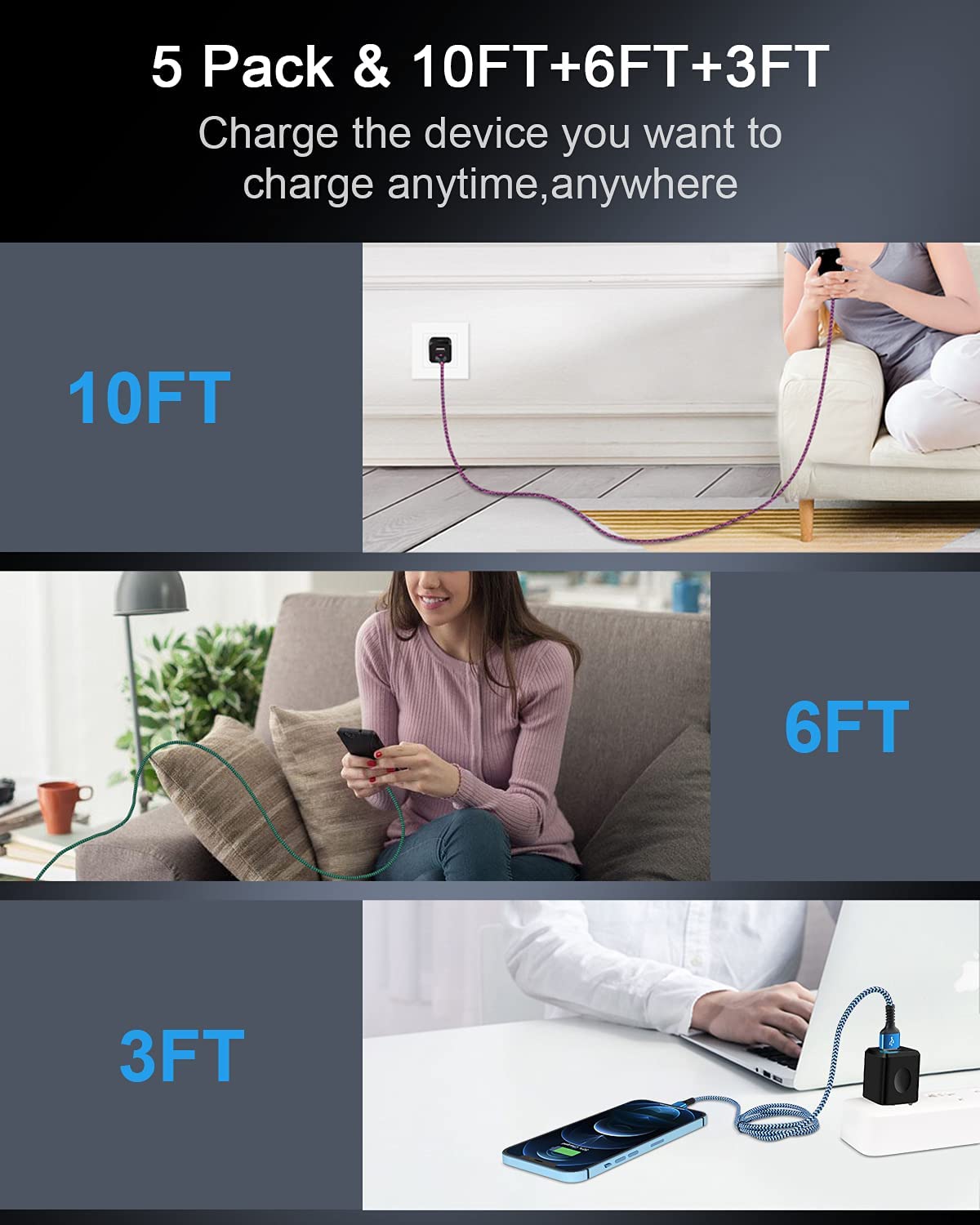 USB A to Lightning Cable-2Pack/6Ft Nylon Braided Long iPhone Charger Cord, Apple Approved Fast Charging Power Wire